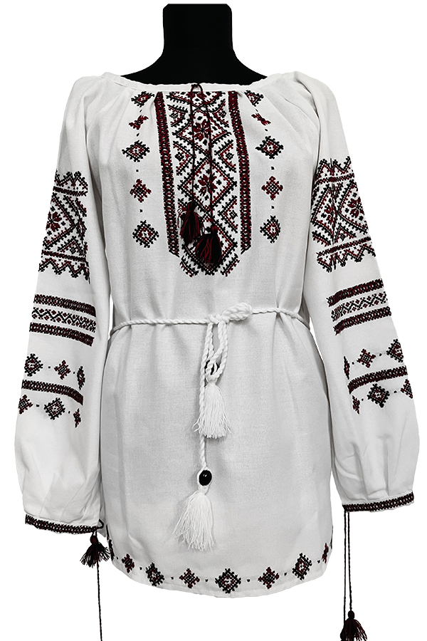 a RENATA - Ie tradițională cusută manual Ia RENATA – Ie tradițională cusută manual,  realizată din pânză de bumbac, cusută cu motive tradiționale românești, în nuanțe de vișiniu și negru. Elegantă, plăcută, ușor de întreținut și asortat.